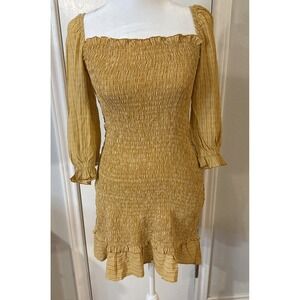 Faithfull The Brand Dress Size 4 Yellow Mustard‎ Mini Fully Smocked Ruffle